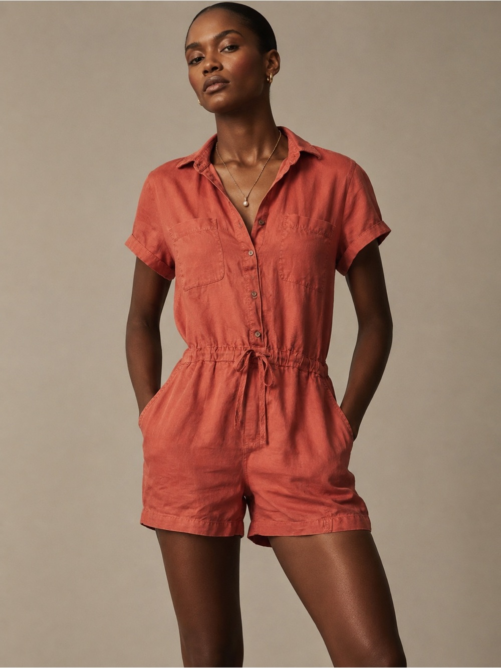 Lou & Grey 100% Linen Utility Romper Rust Terracotta Button Front Drawstring L